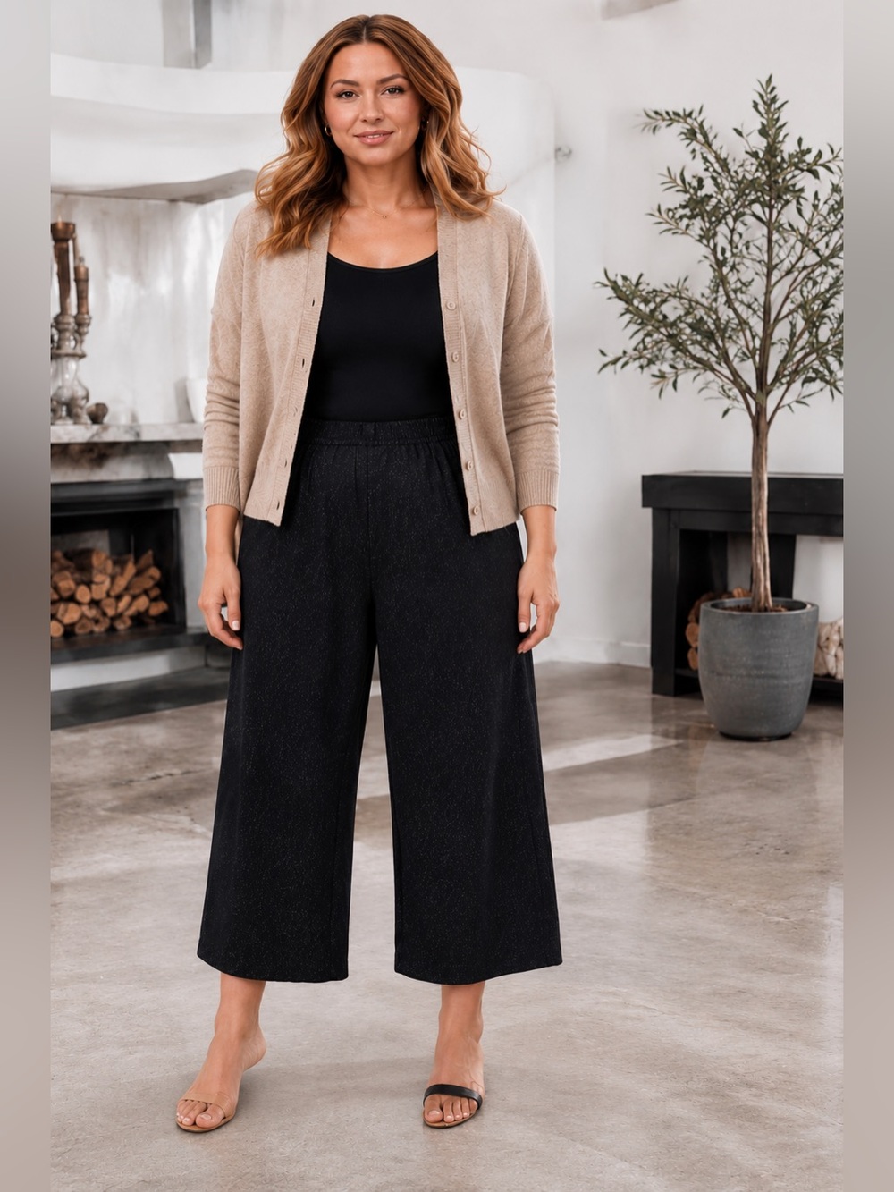 SPANX Metallic Sparkle Wide Leg Cropped Pants Black Gold Shimmer 1X Tall